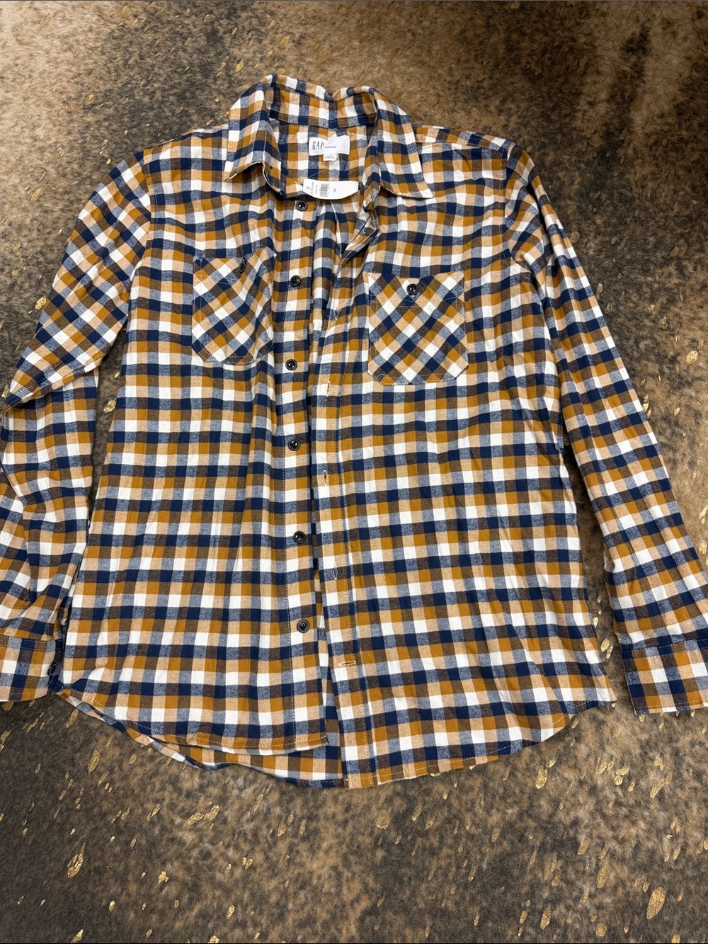 GAP Men's Plaid Button-Down Shirt in Navy and camel | lg NWT